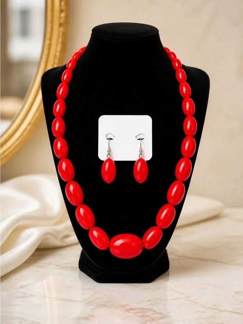 RED BEAD NECKLACE AND EARRINGS